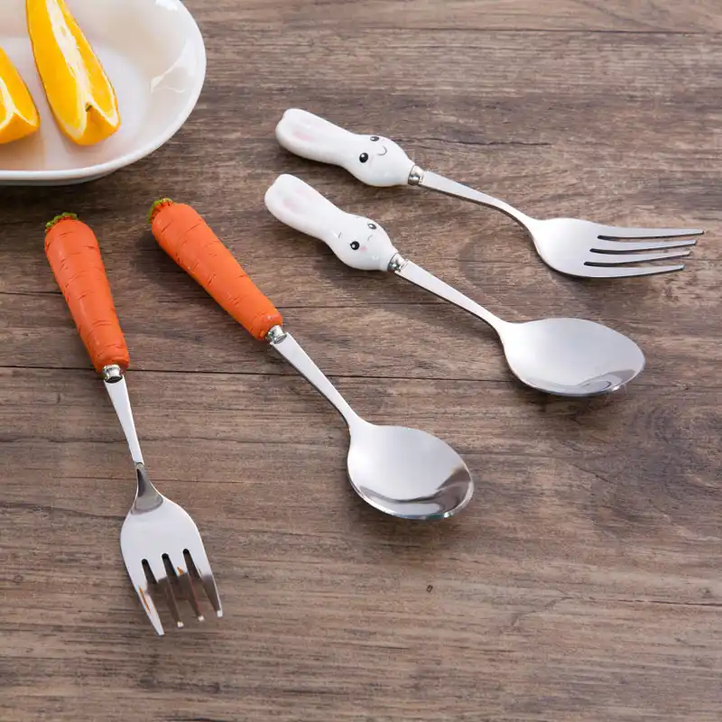 2Pcs Cartoon Carrot Rabbit Fork Spoon Stainless Steel Ceramics Kids Tableware 