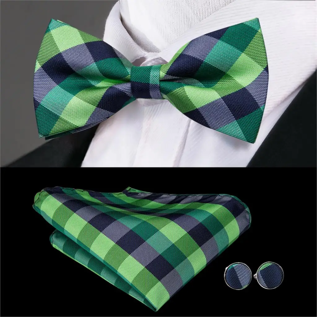 Hi-Tie Quality Silk Bow Tie for Men Green Butterfly Neck Tie Classic Party Wedding Handkerchief Cufflinks Pre Tied Bowtie LH-792