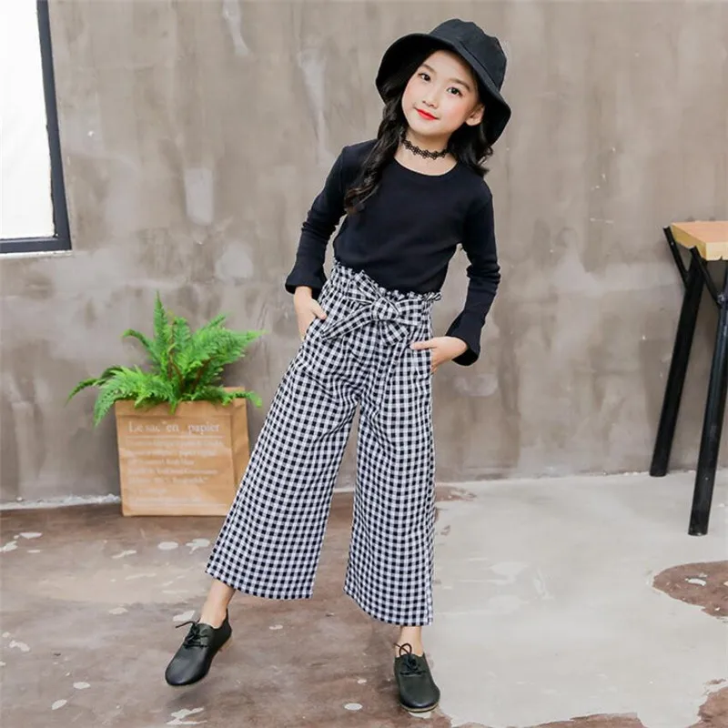 Autumn Girl Clothes Sets T Shirt& Pants Long Sleeve Plaid School Kids Outfit Children Girl Clothing 4 5 6 7 8 9 10 11 12 Years - Цвет: Black