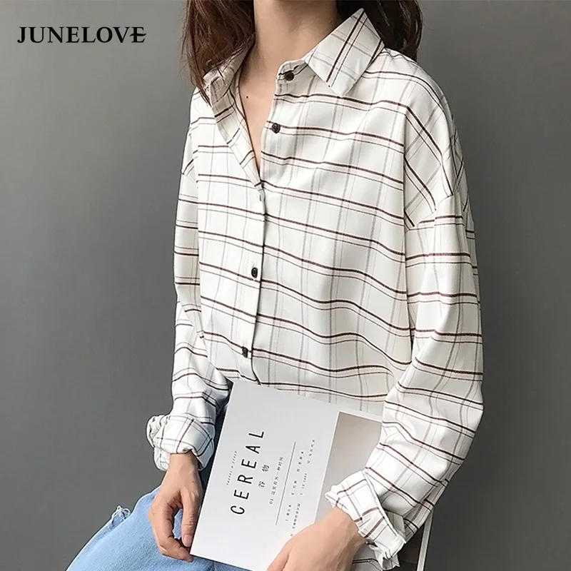 

JuneLove Loose cotton Checkered plaid College blouses shirt Cage female long sleeve Casual women Blouse shirt office lady tops