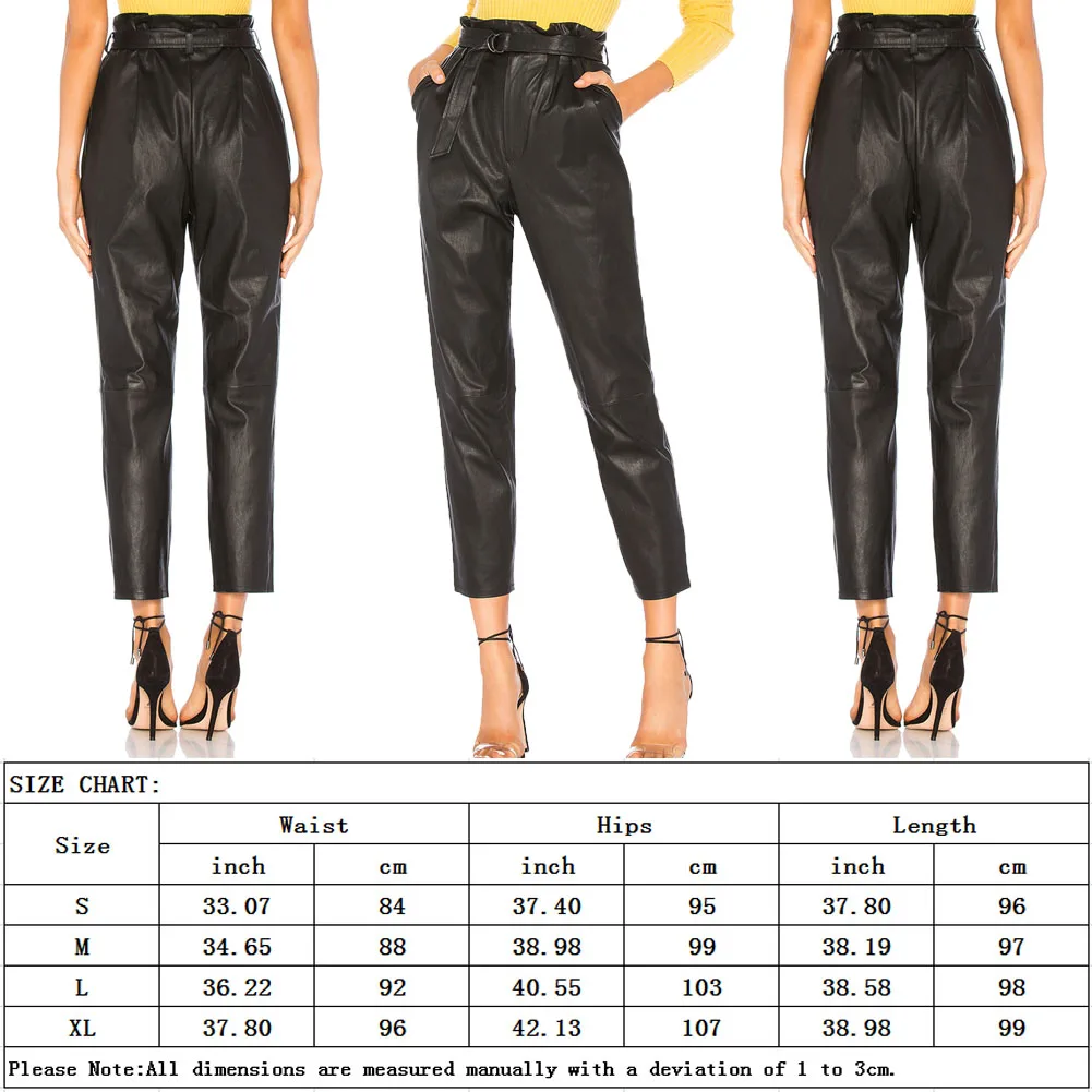 Женские кожаные брюки стрейч с высокой талией и карманами брючный пояс