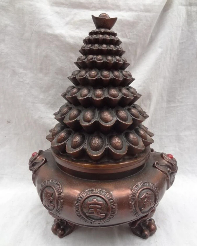 

song voge gem S2847 15" Tibet Pure Bronze Elephant Head Statue Wealth YuanBao Incense Burner Censer