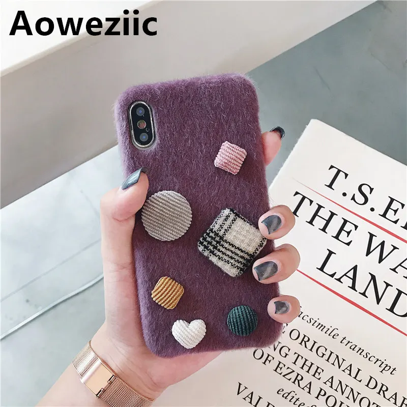 

Aoweziic Winter creativity plush cute square handmade button for iPhone X XS Max XR phone case7 8plus anti-fall soft shell tide