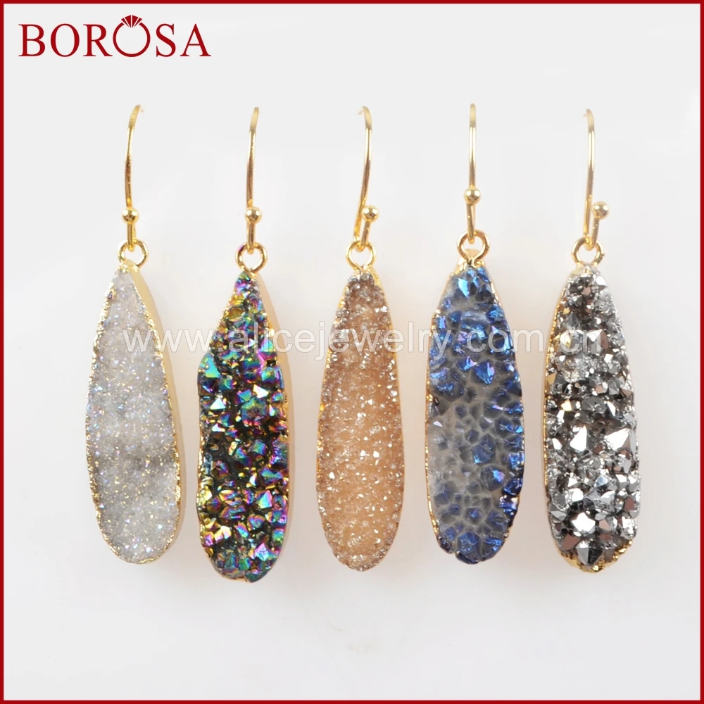 

BOROSA 5Pairs NEW Teardrop Gold Color Druzy Crystal Titanium Drop Earring Rainbow Drusy Dangle Earrings Jewelry for Women G1070