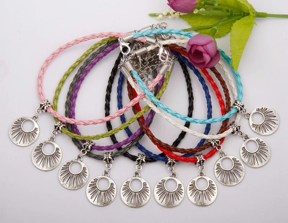 

Fashion Jewelry Vintage Silver Hollow Flower Charm Multicolor Braided Rope Protection Bracelets Bracelet Women Gift 50pcs E237