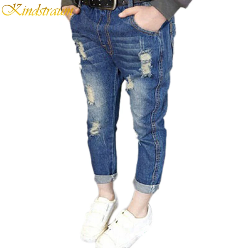 Новинка года, весна-осень, Детские рваные джинсы для девочек, модный Тренч, детские брюки, брендовые Детские штаны высокого качества, HC129