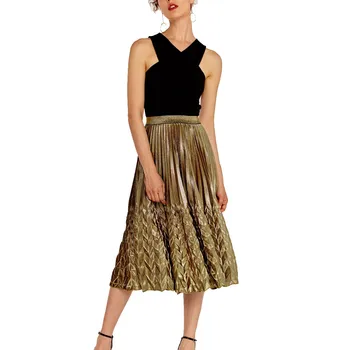 

KLV Fashion Lady's Solid A-Line Skirt Female High Waist Gilded Stretch Pleated Half-Length A-Shaped Skirt Dropship 4.4