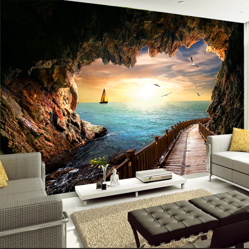 

Personalized Customization 3D Wall Cloth Modern Sunset Cave Seaside Landscape Wallcloth Wallpaper Living Room Wall Covering Roll