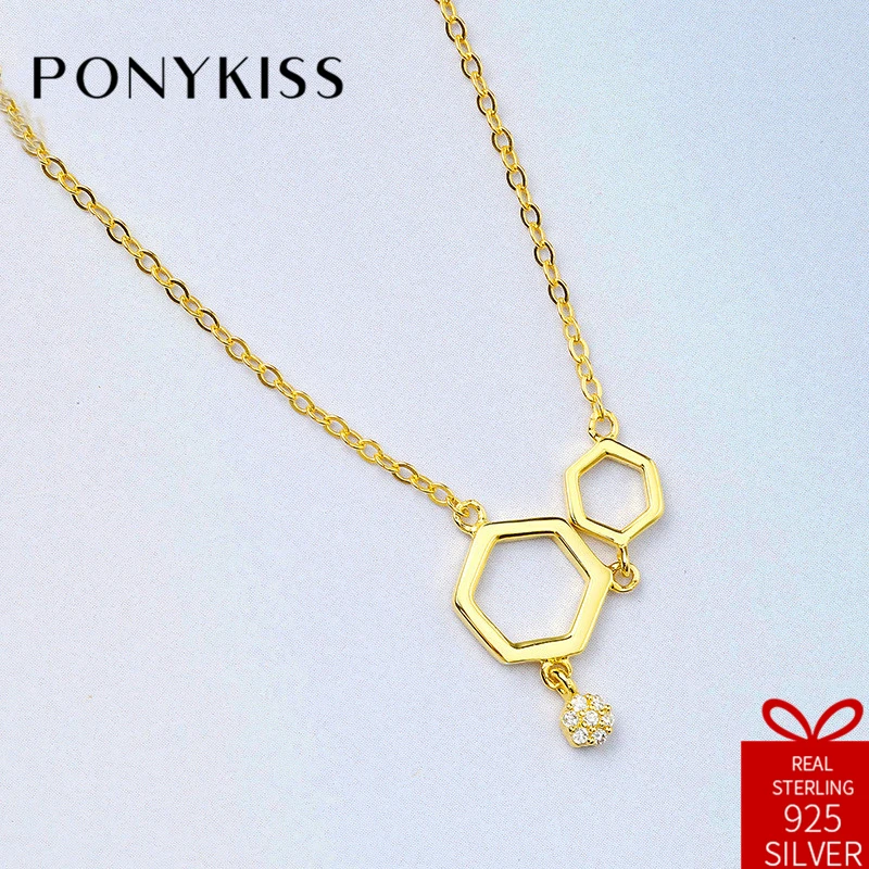 PONYKISS Мода 100% Серебро 925 пробы Циркон золотой цвет геометрический кулон ожерелье цепочка женские вечерние ювелирные изделия подарок