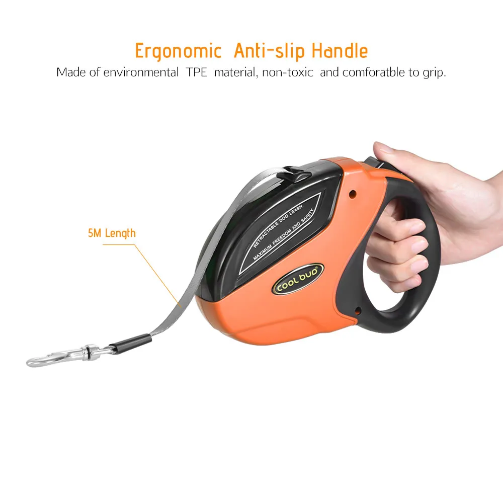 

Heavy Duty Retractable Dog Leash with Anti-Slip Handle, 5M/16 ft Strong Nylon Tape/Ribbon; One-Handed Brake, Pause, Lock