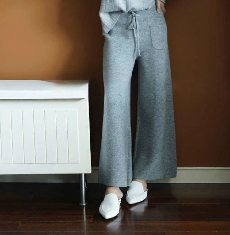 

New Style High Quality Autumn Winter Women Cashmere Wool Wide Leg Pants Warm Solid Fashion Casual Wild Sashes Full Length Loose