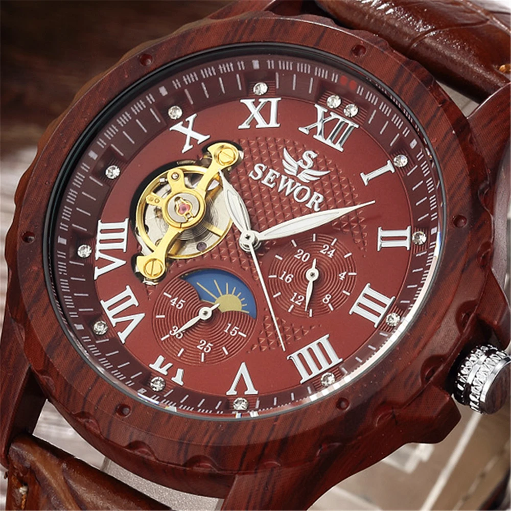 

Fashion Wood Watch Men Mechanical Watches Sewor Luxury Brand Automatic Mechanical Watch Moon Phase reloj hombre Montre Homme