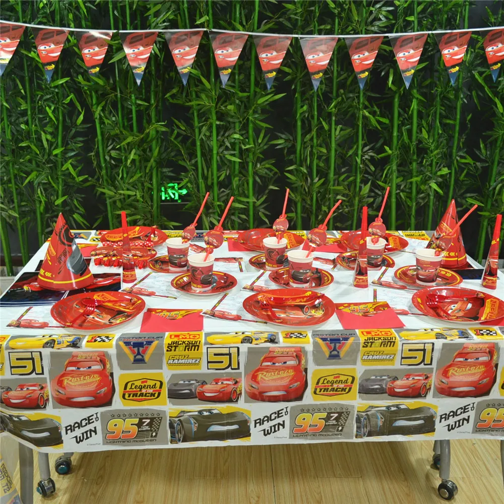 

Disney Cars Birthday Party Supplies Kids Lightning McQueen Party Decoration Straws Plates Cup Tablecloth Flag Party baby Favors