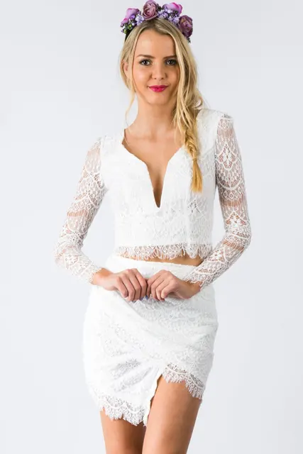 white lace two piece skirt and top