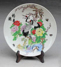 Exquisite Chinese Handmade Archaistic Famille Rose Porcelain Plate Painted With Double Cranes and Flowers exquisite chinese antique imitation famille rose auspicious porcelain plate painted with peony and birds