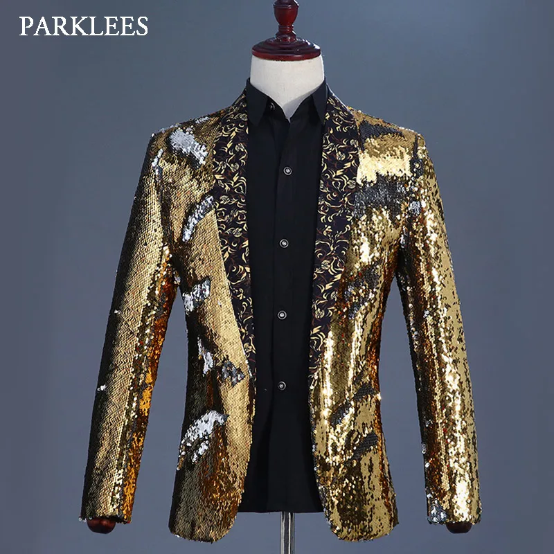 

Gold Flipping Sequins Blazer Jacket Men Floral Shawl Collar Mens Glitter Blazers Nightclub Wedding Party Prom DJ Singer Costumes