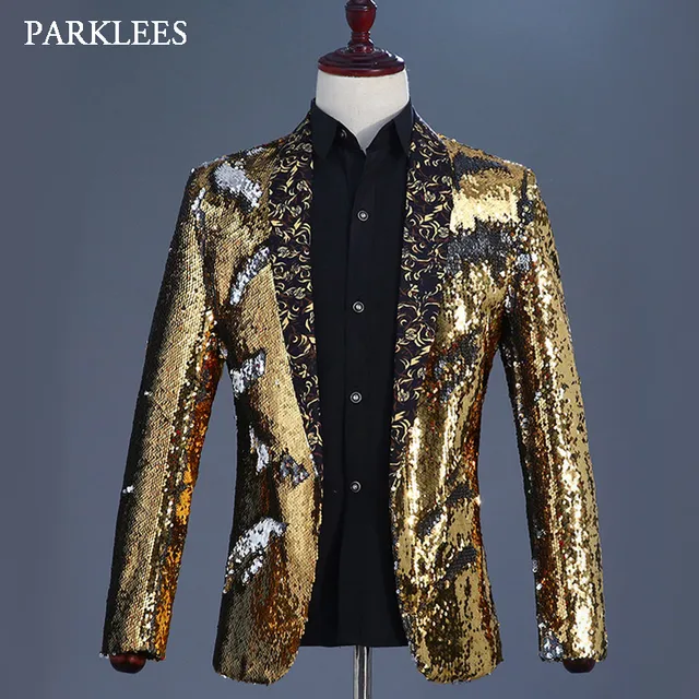 Gold Flipping Sequins Blazer Jacket Men Floral Shawl Collar Mens ...