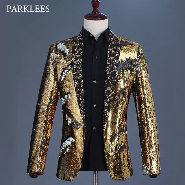 Gold Flipping Sequins Blazer Jacket Men Floral Shawl Collar Mens