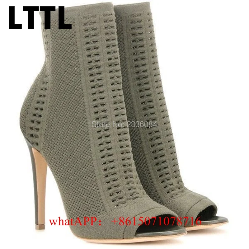 

Green Knitted Ankle Boots Women Stretch Peep Toe Sock Booties Cut-out Women Pumps 8.5CM High Heel Shoes Woman Botines Mujer Hot