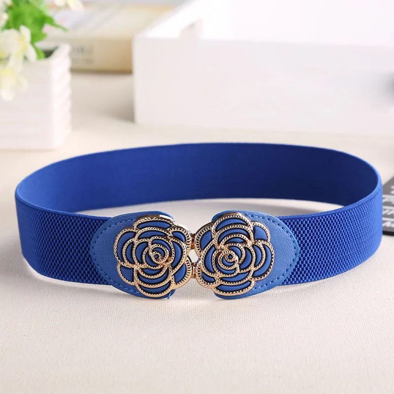 Hot Women Wide Waist Belt Vintage Metal Flower Elastic Stretch Buckle Waistband Cummerbunds black waist belt