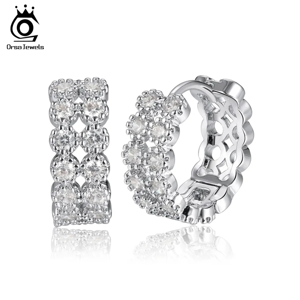

ORSA JEWELS Luxury Women Hoop Earrings Infinity Shape Prong Setting AAA Zircon Silver Color Wholesale Earring Jewelry OME42-P