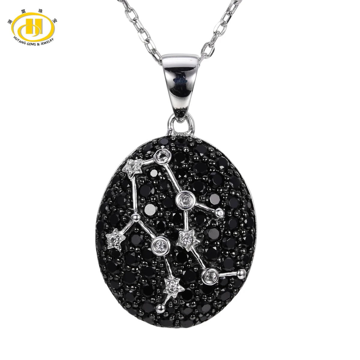 

Hutang Gemini Constellation Black Spinel & White Topaz Pendant Solid 925 Sterling Silver Necklace free chain
