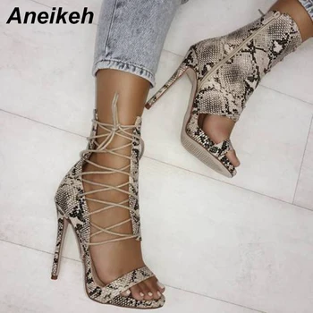 

Aneikeh New Summer Gladiator Sandals Sexy Side Face Cross Strappy Serpentine Peep Toe Heels Shoes Women Ankle Cool Boots