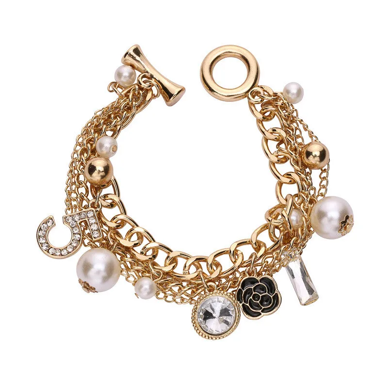 

Camellia Letter 5 ABS Pearl bracelet Charms CNANIYA Brand Jewelry Multilayer Gold Color Chain Bracelets For Women Pulseras Mujer