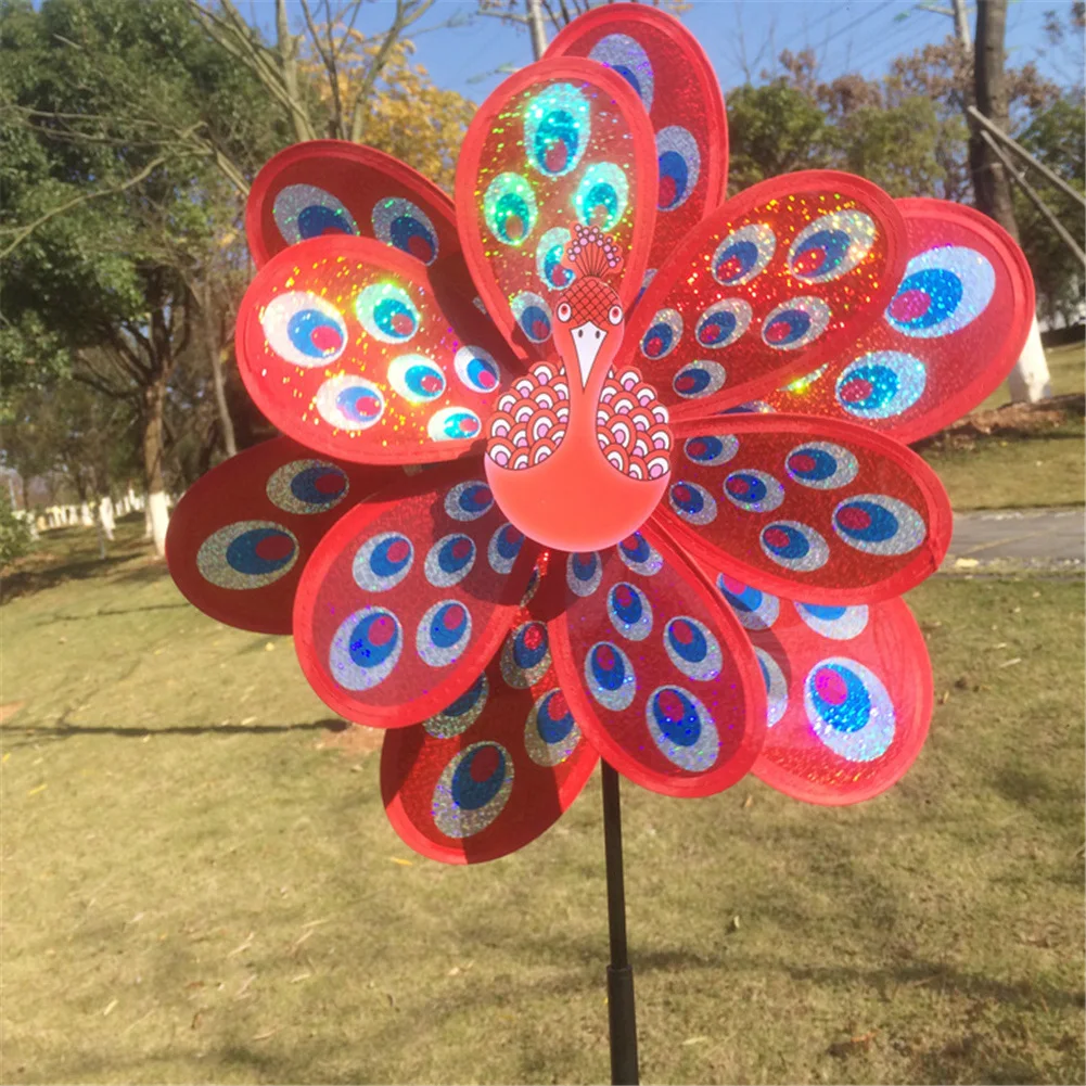 1Pc Double Layer Peacock Laser Sequins Windmill Yard Stand Wind Spinner Home Garden Decoration Party Decor Toy Gift Garden Decor