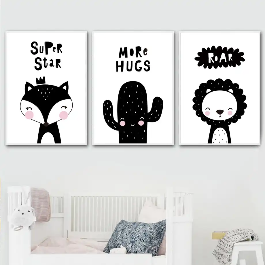 Black White Cartoon Fox Lion Rabbit Cactus Wall Art Canvas