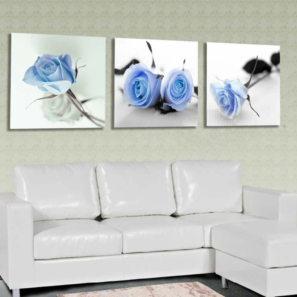 

Wall Modular Pictures For Living Room Cuadros 3 Panel Blue Roses Flower Art Canvas Painting Style Modern Framework Decoration