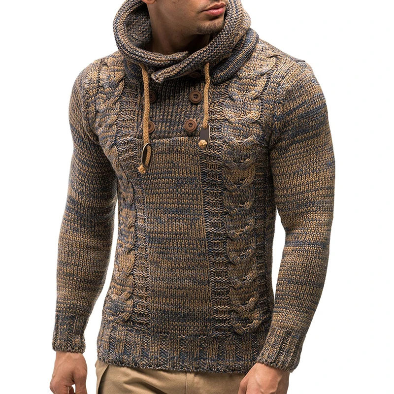 Hooded Knitted Sweater Men Solid Pullover Long Sleeve Button O Neck Cotton Sweaters Jumper Knitwear Winter Outerwear