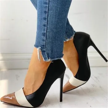 

New Patchwork Slip On Wedding Pumps Women Shoes Fashion Pointed Toe Stiletto Party Women's Shoes Ladies High Heels Dress Shoes