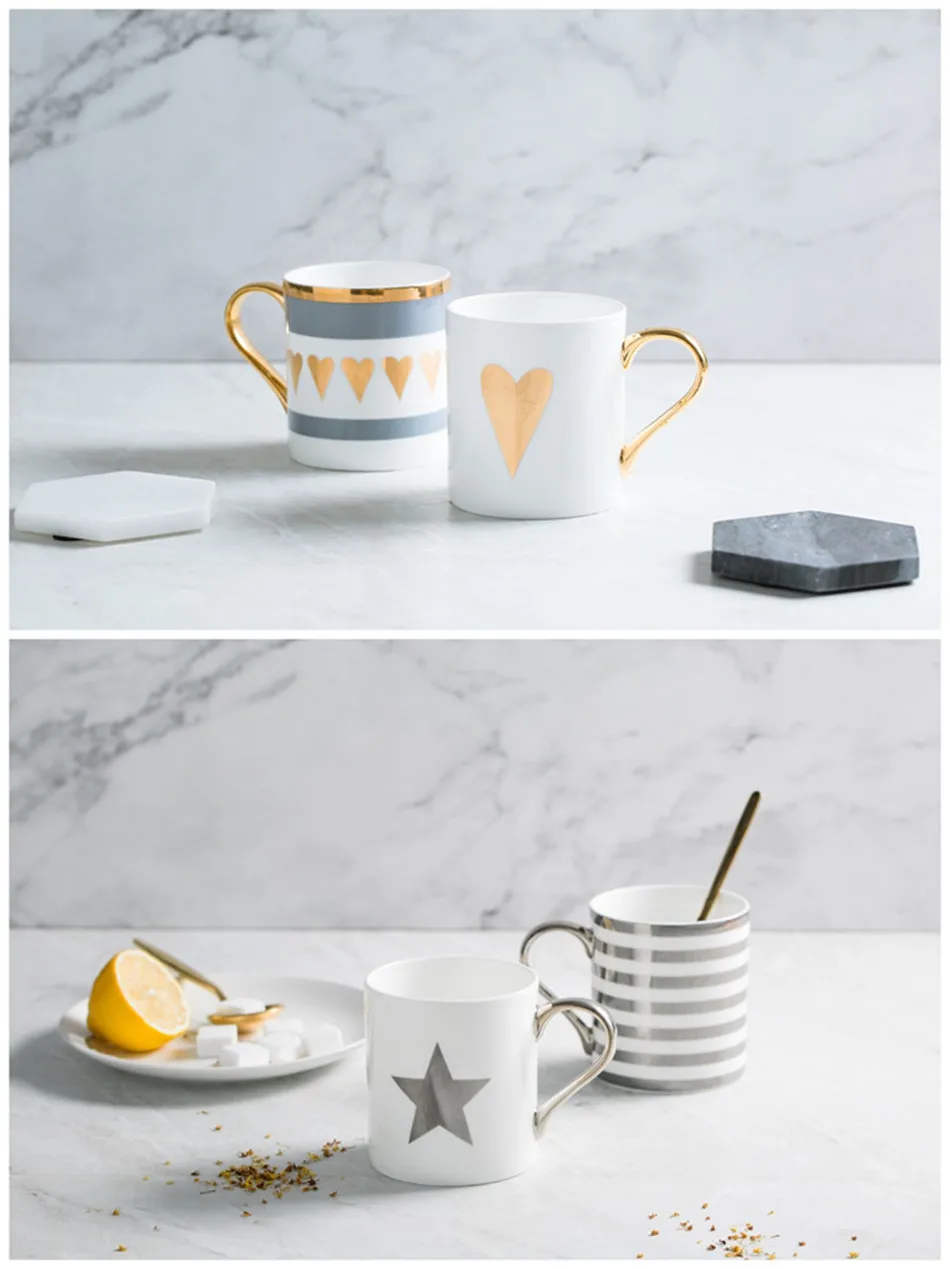 Креативная керамическая кружка для молока с узором в виде звезд и полосок, позолоченная ручка, чашка для офиса, бытовая кружка для кофе, молока, чая, кружки для украшения дома