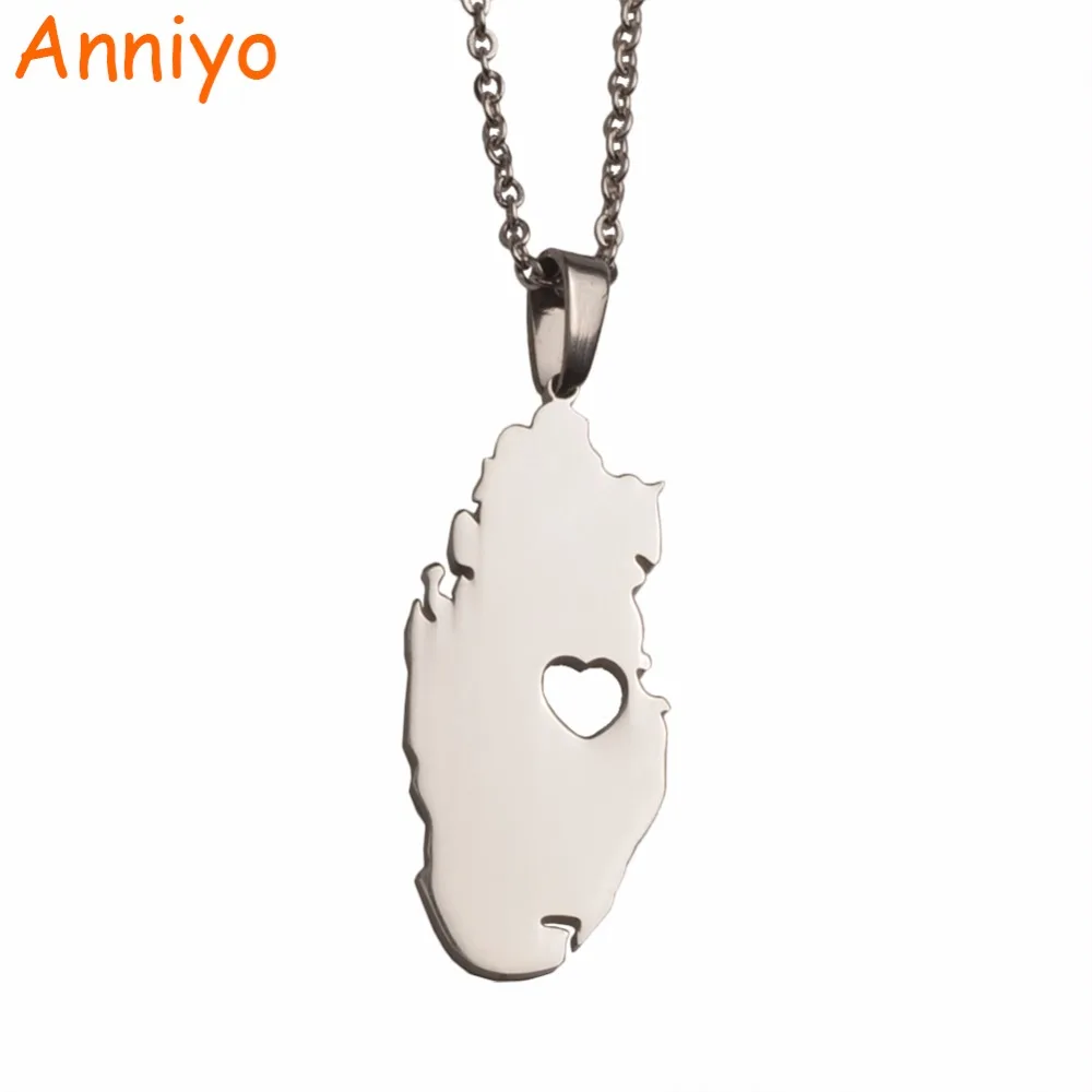 Anniyo Silver Stainless Steel Qatar Map Pendant Necklaces for Women