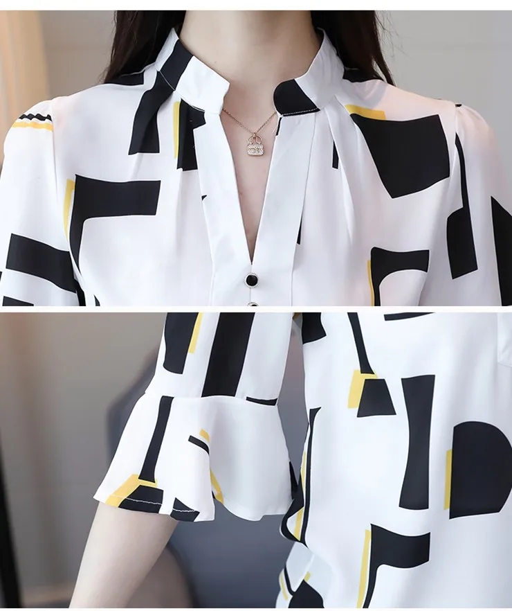 New Style Women Blouses Geometric Pattern Chiffon Blouses Shirts Female Short Sleeve Plus Size Tops Lady 2018 Print Blusa Feminina (11)