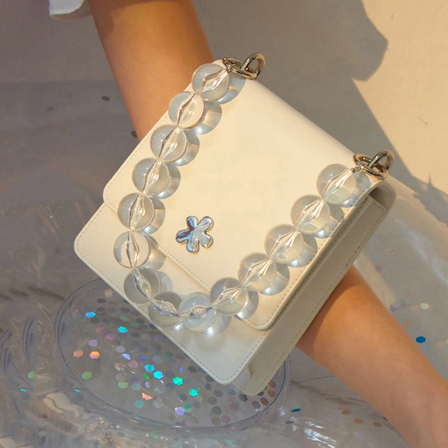 

Transparent Acrylic Beaded Women's Handbags Designer Beading Handle Ladies Shoulder Bag Luxury PU Leather Small Flap Purses 2019