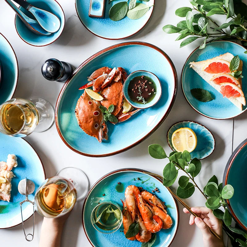 Ceramic Dinnerware Set KINGLANG Ice Cracking Glaze Ceramic Rice Bowls Steamed Fish Dishes Blue Dinner Plates