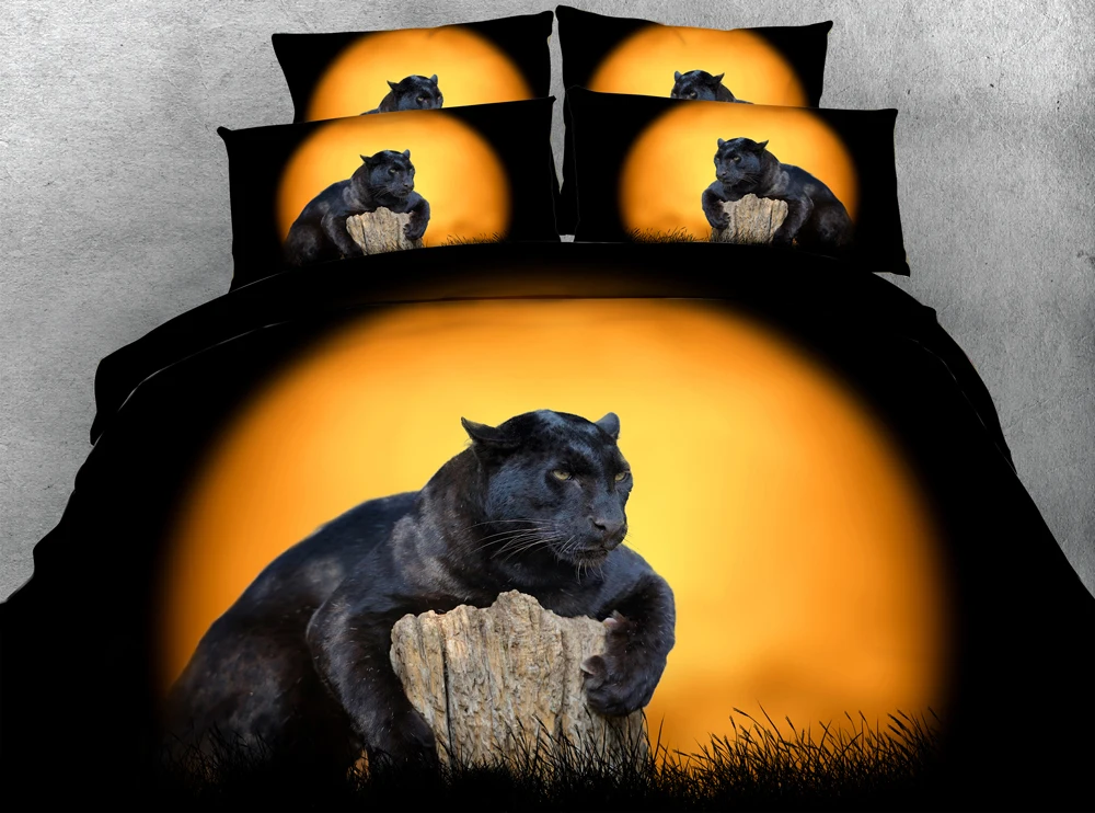 JF 197 Animal Series 4pcs Luxury Wild Black Leopard under full moon print bedding set queen king