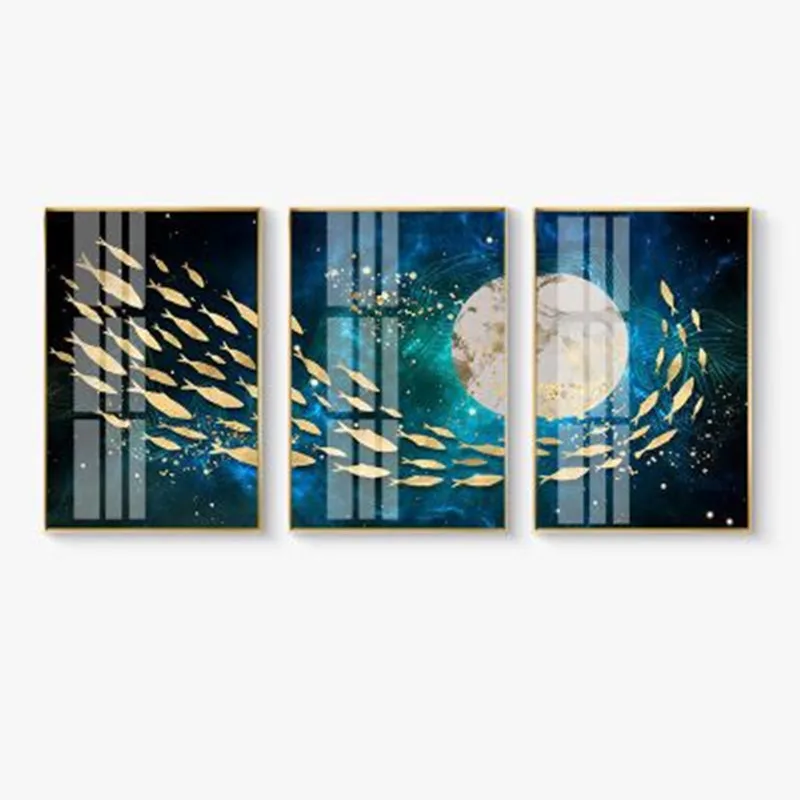 

Living Room Painting Sofa Background Wall Triptych Light Luxury Painting Gold Wealth Deer Aluminum Alloy Crystal Porcelain M1050
