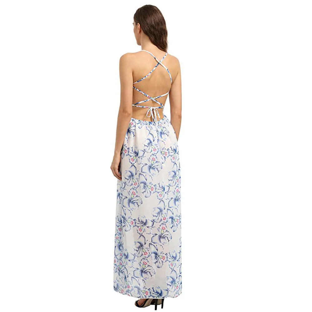 Salidas de Плайя пара mujer vestido Плайя женское цветочное шифоновое платье без рукавов с открытой спиной макси пляжное платье, сарафан Плайя mujer