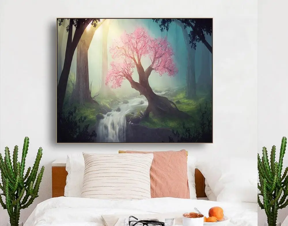 

Laeacco Cherry Tree Waterfall Forest Decor Canvas Oil Painting Pictures For Bedroom Living Room Home Decor Wall Art No Frame