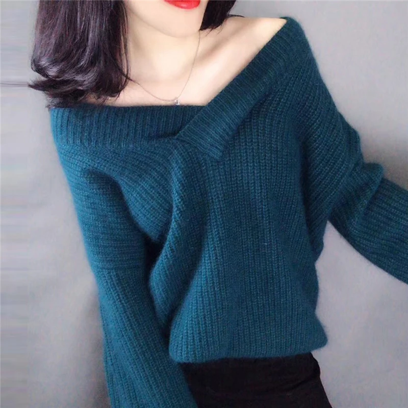 

2019 Sexy V Neck Knitted Sweater Long Sleeve Women Sweaters And Pullovers Solid Casual Loose Bottoming Sweaters Female Tops