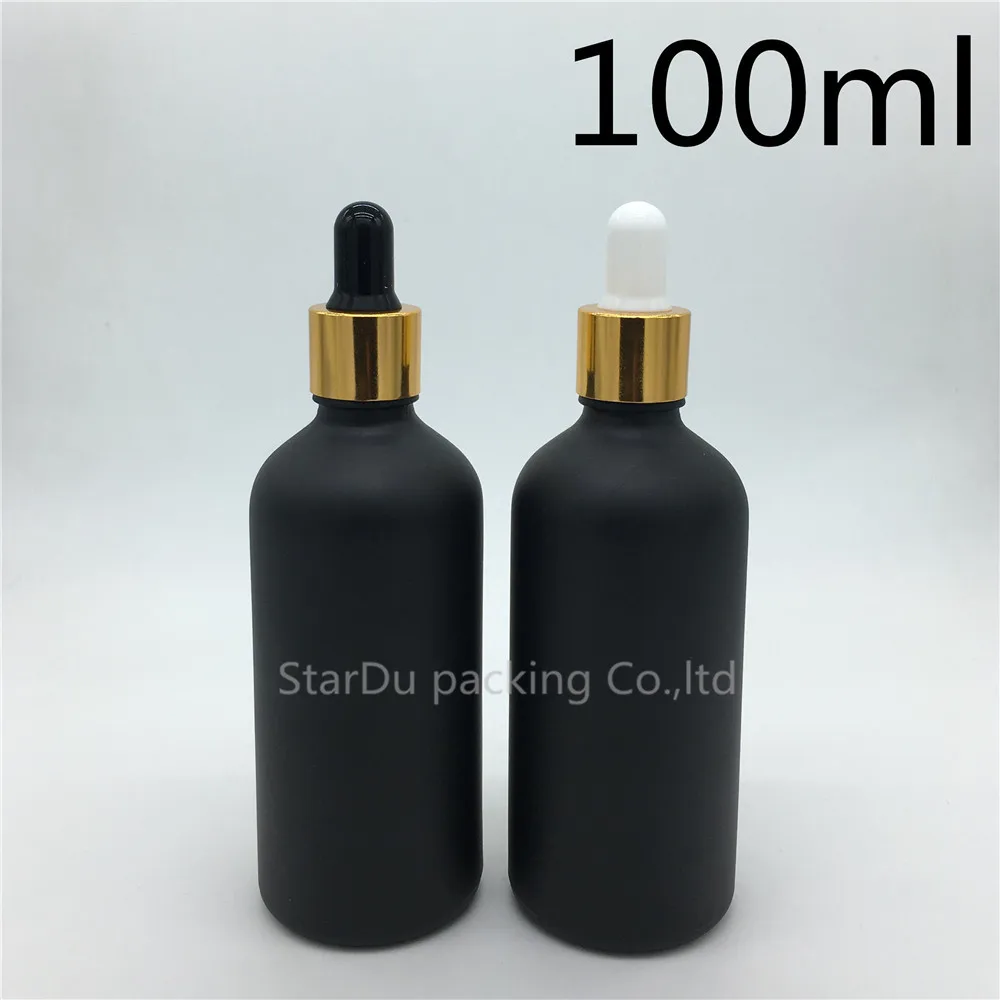 Best Free shipping 240pcs 100ml black frosted glass essential oil bottle with shiny gold ring dropper glass perfume bottle