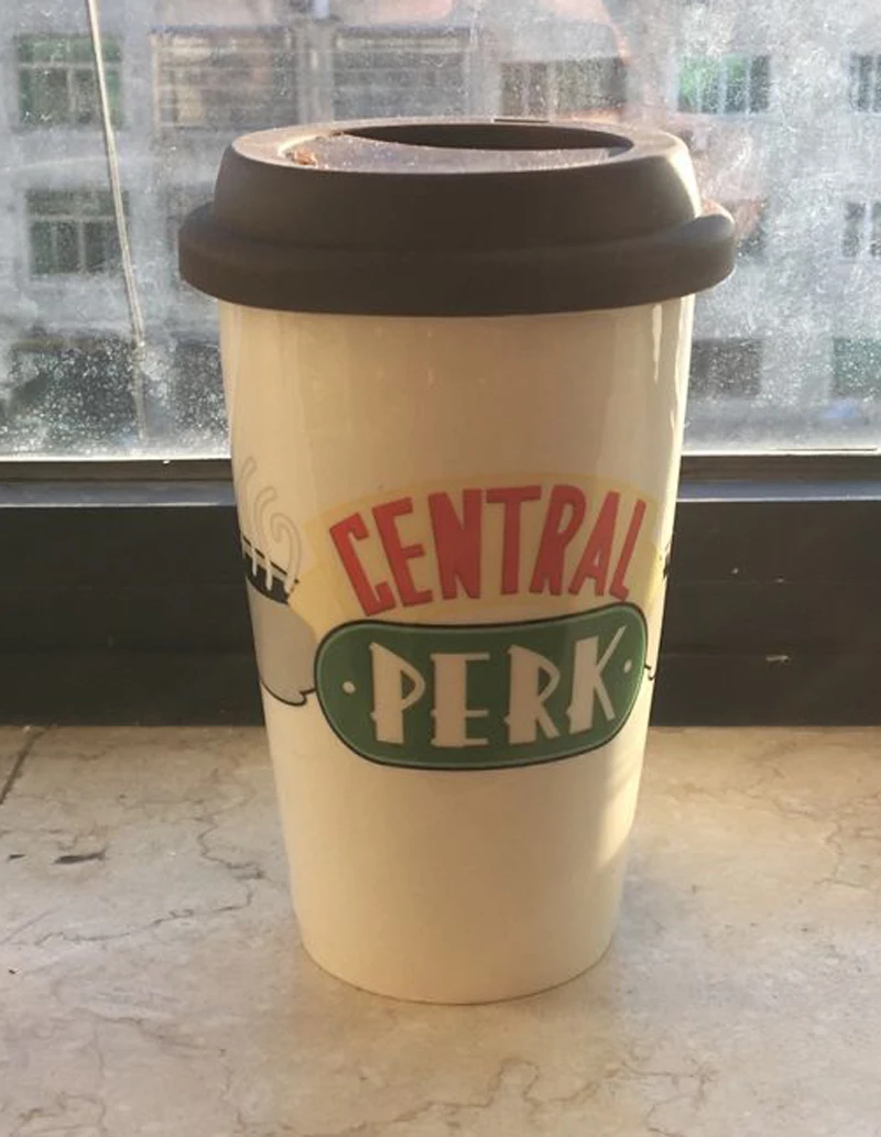 

New Coffee Color TRAVEL MUG FRIENDS CENTRAL PERK CERAMIC FUN BRAND NEW TEA OR COFFEE DRINKS