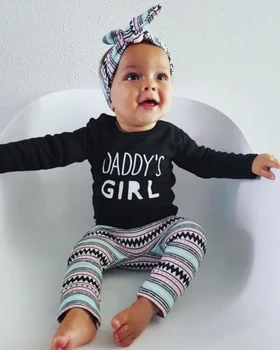 

Newborn Kid Baby Girl Clothes Letter Print T Shirt Striped Pants Headband Outfit