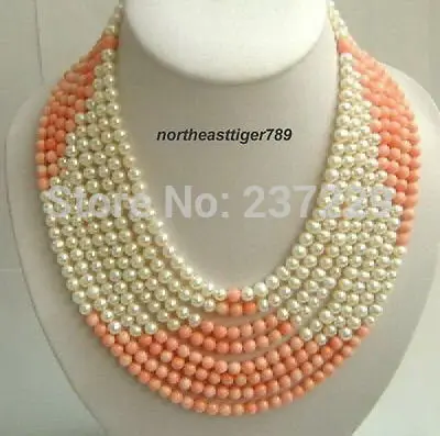

HOT## Wholesale XSZ2014 ^^8 Rows Real Pink Coral White Pearl 18KWGP Clasp Necklace