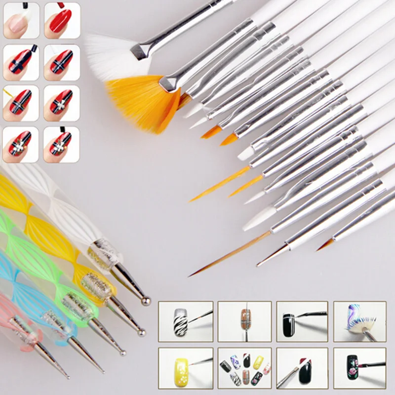 

20pcs Nail Art Design Set Painting Drawing Polish 15 Brush Decoration 5 Pen Tool Wood Accessories