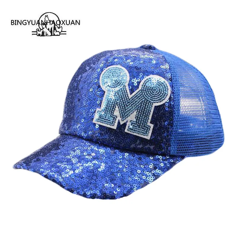 

BING YUAN HAO XUAN Girl Boy Hat Baby Sequins Snapback Caps Letter M Baseball Cap Kids Mesh Summer Hip Hop Adjustable Hats Hood