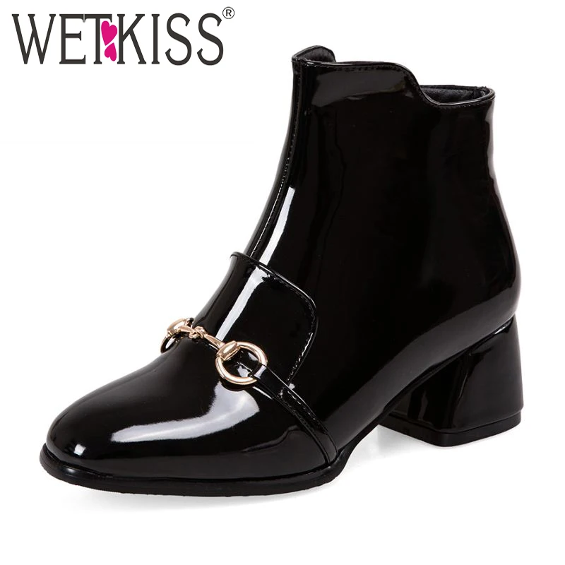 

Super Big Size 34-47 New Patent Metal Charm Ankle Boots Hoof Heels Square Toe Women Boots With Fur Fall Winter Boots Shoes Woman